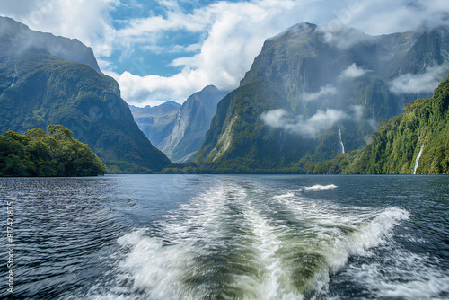 Boat trail cuts through a calm blue fjord flanked by majestic green mountains under a bright, cloud-streaked sky