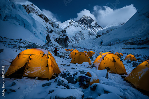 High altitude adventure: illuminated tents at everest base camp