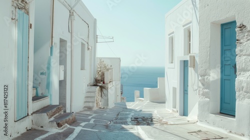Greek coastal beauty. seaside serenity with iconic white and blue buildings