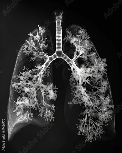 articulate x-rayed structure of bronchi in lungs, black and white 