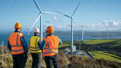 A team of engineers monitoring the installation process ensuring each turbine is securely p.