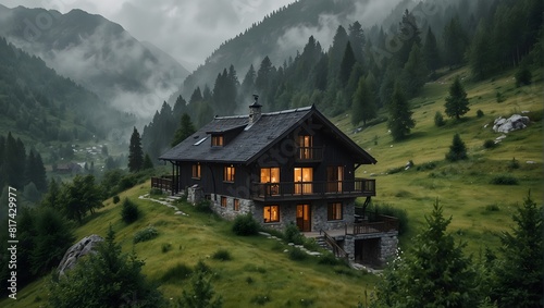 An isolated mountain abode stands gracefully amidst the lush greenery of a Northern European landscape veiled in mist, exuding timeless charm ai_generated