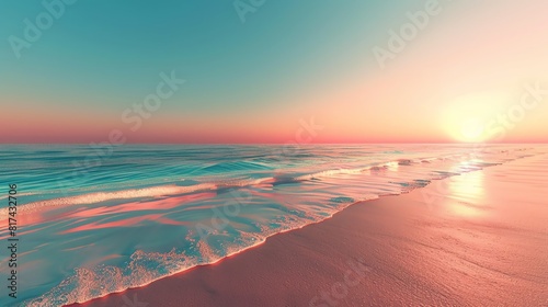 Produce a striking wide-angle view of a tropical beach at sunset, featuring a seamless gradient of golden sands merging into the rich hues of the ocean, executed with photorealistic precision for a ca