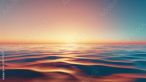 Produce a striking wide-angle view of a tropical beach at sunset, featuring a seamless gradient of golden sands merging into the rich hues of the ocean, executed with photorealistic precision for a ca