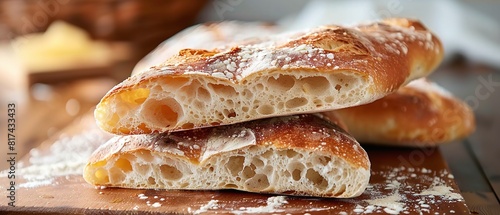 Freshly baked, classic, organic, and handmade wedges Ciabatta breads over a white marble kitchen work surface backdrop delectable and space, Generative AI.