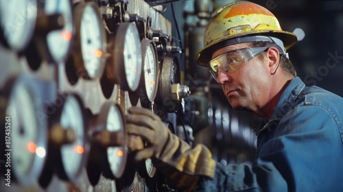A foundry worker monitoring a bank of gauges and dials attached to several furnaces ensuring optimal performance.