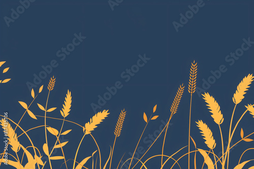 Yellow wheat ears on dark blue background. Autumn or summer field with golden barley harvest. Happy Shavuot concept. Jewish holiday. Banner, poster or greeting card with copy space