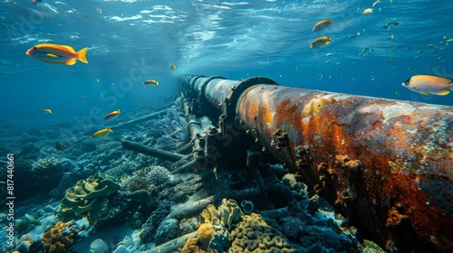 The underwater environment is teeming with marine life with fish and other creatures swimming curiously around the pipeline.