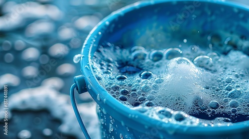 A close shot of blue bucket with soapy water over pale blue setting foams strewn lovely shot and space for text or product advertisement, Generative AI.