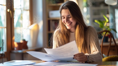 Happy woman smiling while reading and writing documents at home. A happy young female sitting in front of a table with papers, having fun doing her paperwork. generative AI