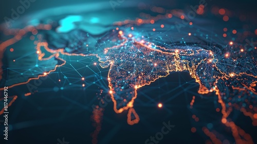 Stunning 8k stock photo of a India map with glowing network connections. Ideal for business, cyber technology, IoT concepts, and cityscape data transfer themes.