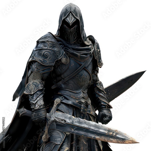 dark mysterious knight with a sword and shield, realistic isolated on a white background 
