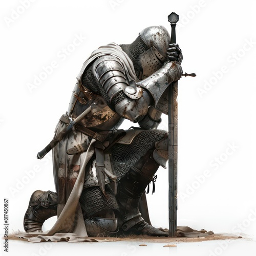 illustration of a medieval knight kneeling in prayer with a sword, realistic on a white background 