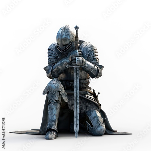 illustration of a medieval knight kneeling in prayer with a sword, realistic on a white background 