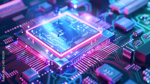 An unfinished cpu chip in a style that merges shallow depth of field, holography, and striped elements.