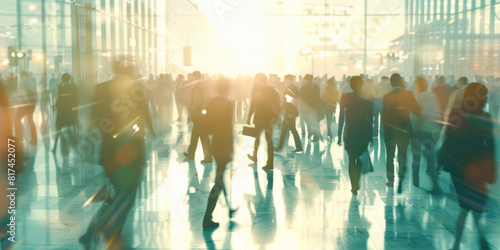 Sunlight shines on business people walking next to a desk, their movement captured in a style that emphasizes balanced asymmetry, multicultural influences, and gestural markings.