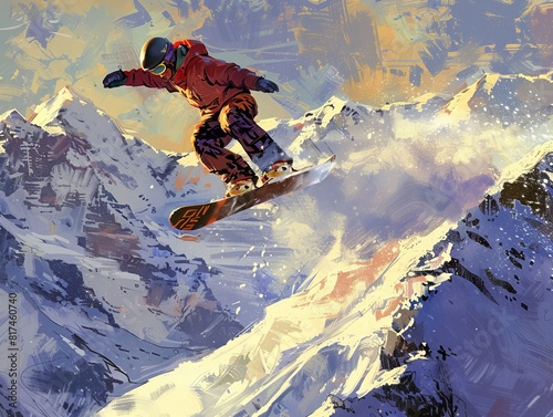 A snowboarder jumps over a snowy mountain.