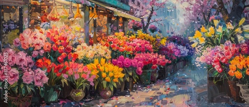 A beautiful painting of a flower market with an amazing color palette.