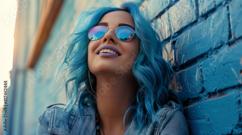 A fashionable young woman with blue hair and sunglasses smiles and looks at the camera. She's wearing a blue jacket