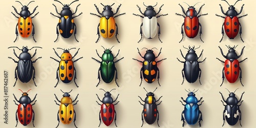 A cluster of vibrant beetles with varied colors like red, blue, and green, are gathered together on a plain white surface