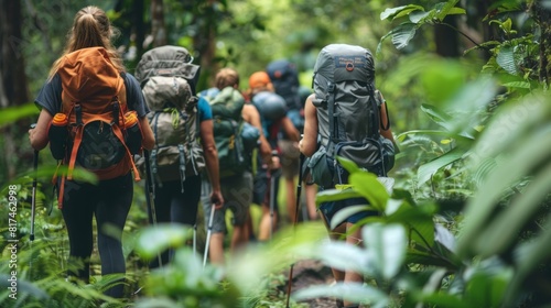 A group of young people hiking in the jungle with backpacks