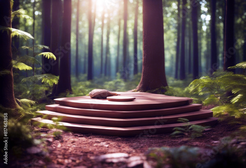'3D Realistic green podium soft forest light environment trees wooden poduim dais round natural empty product pedestal three-dimensional ai generative'