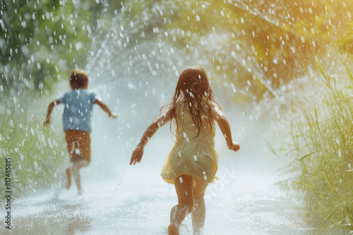  Joyful children running through a sprinkler on a sunny day, capturing the pure happiness of playful summertime moments.