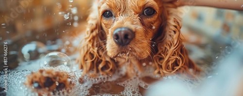 Capture a close-up shot of a fluffy, relaxed Cocker Spaniel getting a soothing lavender shampoo at the luxurious dog spa Highlight the bubbles and the dogs serene expression