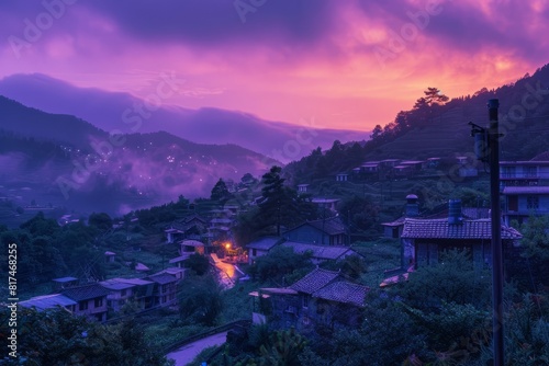 A charming village nestled in a valley, with cozy cottages and winding streets under a dreamy purple sky, Generative AI