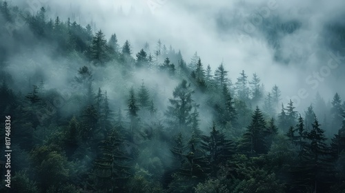 A dense forest shrouded in mist, creating a mystical and serene atmosphere