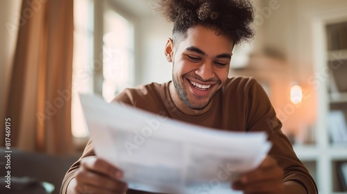 Happy man smiling while reading and writing documents at home. A happy young male sitting in front of a table with papers, having fun doing his paperwork. generative AI