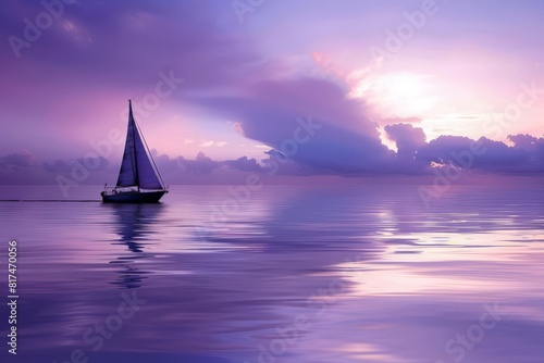 A lone sailboat drifting on calm waters, with the sails glowing in the light of the purple evening sky, Generative AI