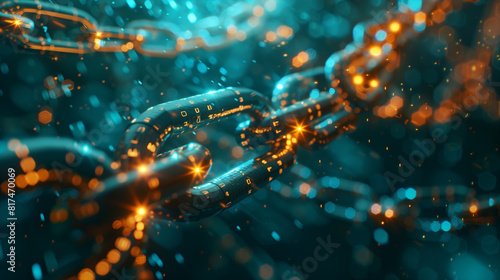 An abstract depiction of a blockchain chain with glowing links, representing secure and encrypted digital transactions in modern technology.