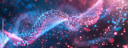 Abstract digital background with DNA double helix and glowing particles