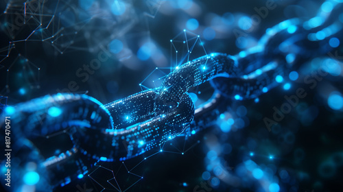 Close-up of a glowing blue digital chain link, symbolizing blockchain technology and secure connections in a futuristic cyber environment.