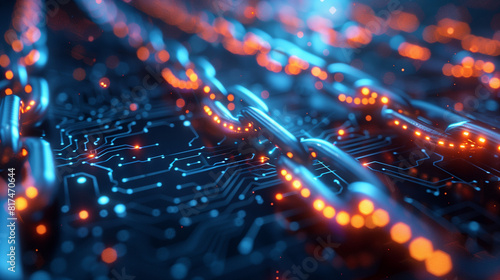 Close-up of glowing blockchain links integrated with a digital circuit board, symbolizing advanced technology and secure data connections.