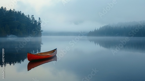 A red canoe sits in a lake on a foggy day