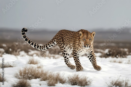 'leopard shot background studio walking white front cut-out big cat isolated on spot no people spotted nobody copy space full-length mammal indoor square felino creature carnivore hunter predator one'