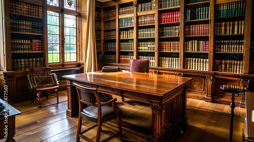 A legal office with law books and a large wooden desk