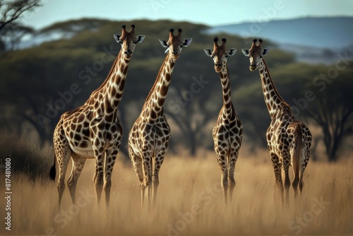 'masai walking savanna giraffes grass dry giraffe adult mother female family eltern young baby calf long neck leg hoof spot pattern tall high together care love kenya southern africa african maasai'