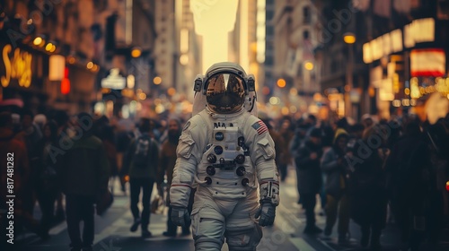Astronauta andando pelo planeta terra em meio a pessoas comuns, pisando na terra