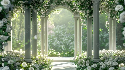 3D render of a white floral arch with columns and an arched window in the background, white roses, fantasy garden setting, romantic, green forest background, sunlight. The arch is