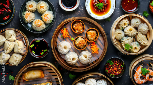 assorted dim sum platter with dipping sauces on a black table