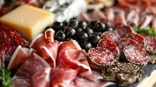 deluxe charcuterie board with foie gras and truffles, accompanied by a yellow cheese and a brown basket