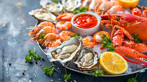 fresh seafood platter with lobster and shrimp, accompanied by a lemon and orange, served in a white bowl