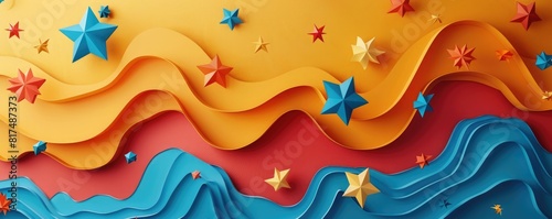 A colorful background with a wavy pattern and star shapes in various bright colors.