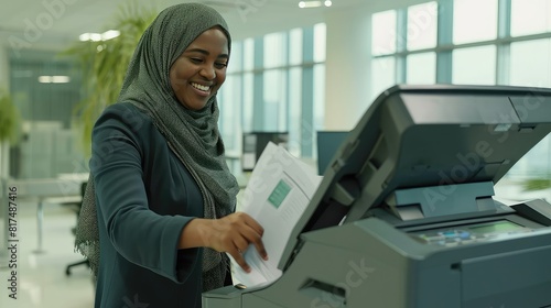 Muslim woman in hijab in a modern office with printer. A Muslim woman's professionalism and adaptability make her an asset in the office.