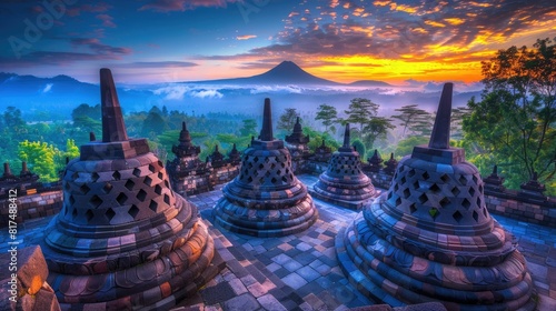 Borobudur temple in Java, Indonesia sunrise AI generated