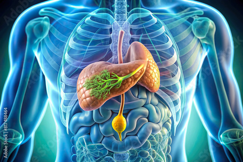 Macro shot of human gallbladder, highlighting bile production and storage