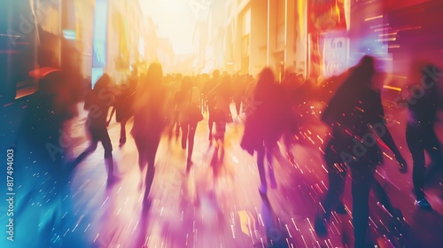 Friends rushing to enter a concert venue, close up, entertainment theme, vibrant, Double exposure, a lively concert hall as backdrop
